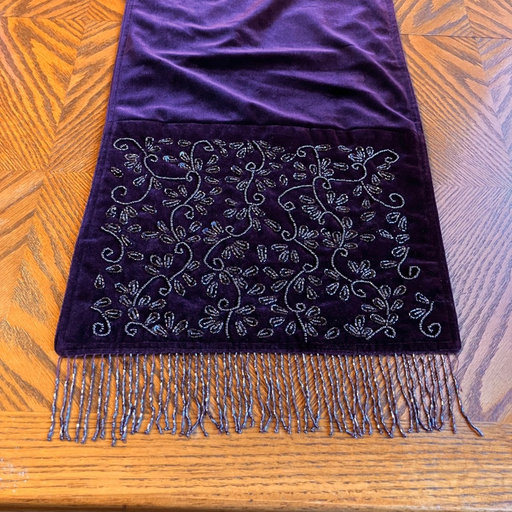 Purple Velvet Table Runner Beaded Floral Fringe Elegant Luxe Whimsy Gothic Decor